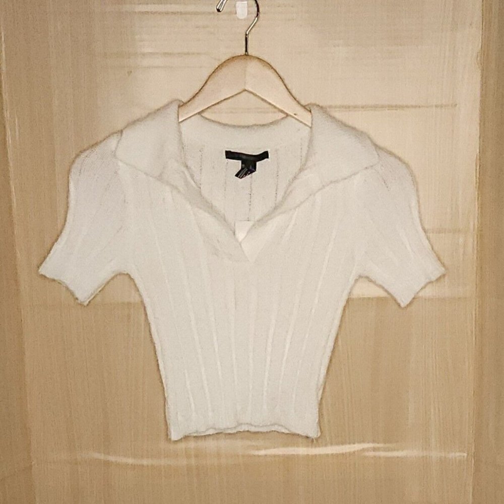 Forever 21 New White Cropped Short Sleeve Collared Soft Sweater Small